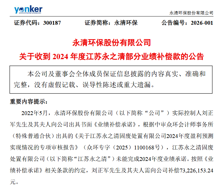 永清环保收到2600万元业绩补偿款